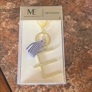 Gold Initial E Keychain with light purple Tassel